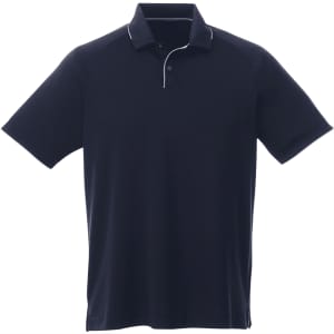 A navy blue men's polo shirt with a collar and a contrasting trim, featuring a logo on the chest.