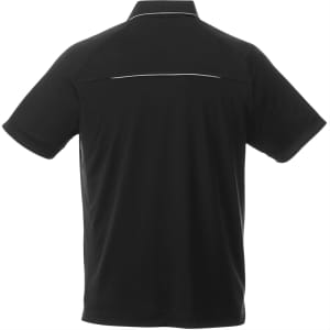 A black short sleeve polo shirt for men featuring a logo and a subtle back design detail.