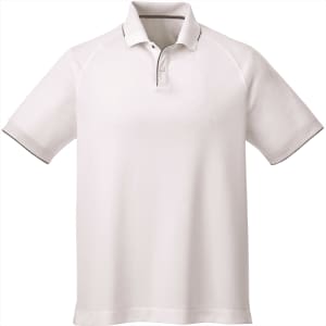 A short sleeve men's polo shirt in light grey, featuring a collar and a logo on the chest.