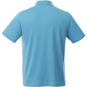 A light blue men's short sleeve polo shirt with a classic collar and branding on the back.