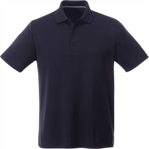 A short sleeve men's polo shirt in navy blue with a collar and three buttons, featuring a logo.