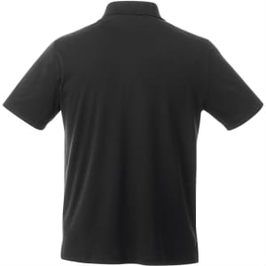 A black short sleeve polo shirt featuring a collar and a logo on the back.