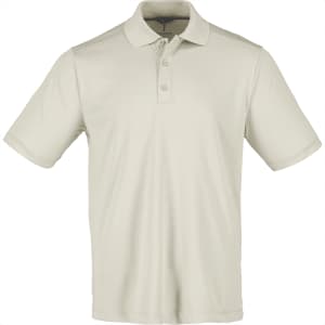 A men's short sleeve polo in a light beige colour, featuring a collar and three buttons, with a logo.