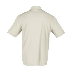 A light beige men's short sleeve polo shirt featuring a back view and a branding logo.