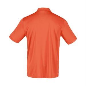 An orange men's polo shirt with a short sleeve and a collar, featuring a logo on the back.