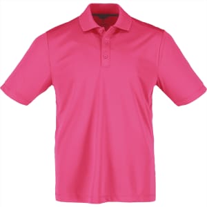 A pink short sleeve polo shirt for men, featuring a collar and three-button placket, with a logo on the chest.