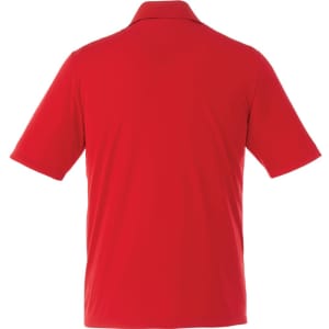 A red short sleeve polo shirt with a collar and short sleeves, featuring a logo on the back.