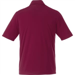 A maroon short sleeve polo shirt with a plain back and a logo.
