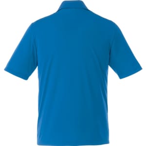 A blue short sleeve polo shirt with a solid back design and a collar, featuring a logo.