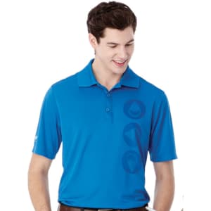 A blue short sleeve polo shirt for men featuring a logo on the side.