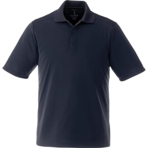 A navy short sleeve polo shirt for men, featuring a three-button placket and a logo on the label.