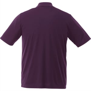 A short sleeve polo shirt in a solid deep purple colour, featuring a collar and a logo on the back.