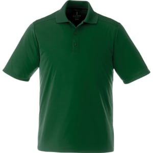 A green short sleeve polo shirt for men, featuring a collar and a logo on the front.