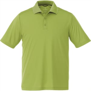 A short sleeve polo shirt in bright green with a collar and a logo on the chest.