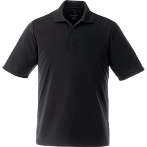 A black short sleeve polo shirt with a collar and button placket, featuring a logo on the chest.