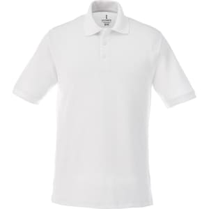 A white short sleeve polo shirt featuring a collar and a branded tag.