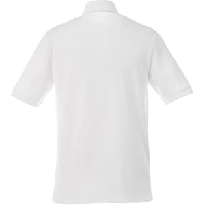 A white short sleeve polo shirt for men featuring a collar and a logo on the back.