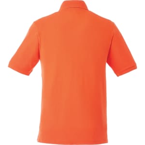 An orange short sleeve polo shirt with a collared neckline and a logo on the back.