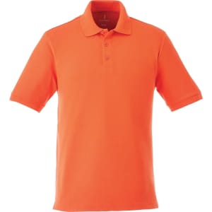 A short sleeve polo shirt in bright orange, featuring a collar and three-button placket. It has a logo on the chest.