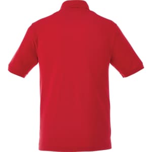 A red men's polo shirt with short sleeves and a collar, featuring a branding logo.
