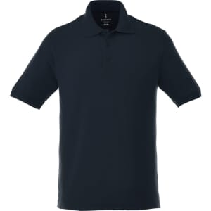 A dark blue men's short sleeve polo shirt with a collar and three button placket, featuring a logo on the label.