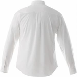 A white long-sleeve button-up shirt for men, featuring a plain back and buttoned cuffs. It has a logo on the fabric.