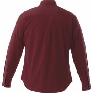 A burgundy long sleeve button-up shirt with a back yoke and adjustable cuffs. It features a logo on the side.