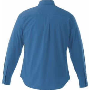 A blue long-sleeve button-up shirt with a back yoke and buttoned cuffs. It features a logo on the chest.