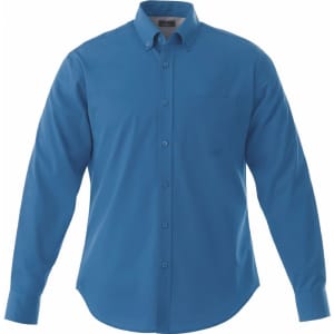 A blue long sleeve button-up shirt with a collar and a single chest pocket. The shirt features a logo.
