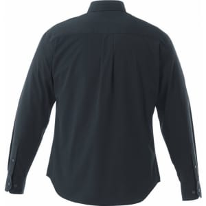 A black long sleeve button-up shirt featuring a back yoke and cuff detail. It has a logo on the back.