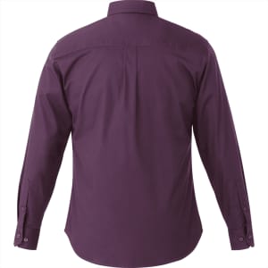 A mens long sleeve button-up shirt in a deep purple colour, featuring a back yoke and buttoned cuffs.