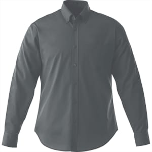 A dark green men's long sleeve button-up shirt with a chest pocket and a logo on the sleeve.