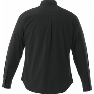 A black long sleeve button-up shirt featuring a classic collar and buttoned cuffs, with a branding logo on the back.