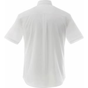 A white short sleeve button-up shirt featuring a back pleat and a logo.