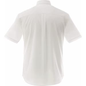 A short sleeve white button-up shirt with a plain design and a back pleat, featuring a logo.