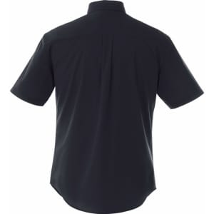 A black short sleeve button-up shirt for men, featuring a back yoke and logo branding.
