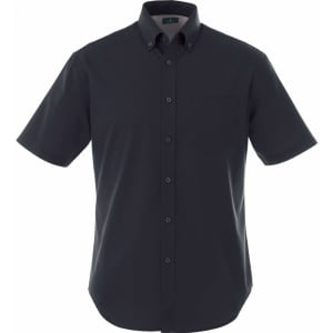 A black short sleeve button-up shirt for men, featuring a single chest pocket and a logo.