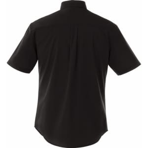 A black short sleeve button-up shirt for men, featuring a classic collar and back yoke design.