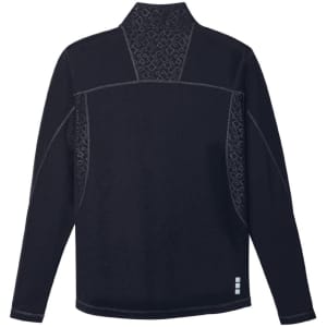 A black men's jumper with a quarter zip and patterned detailing on the back, featuring a logo.