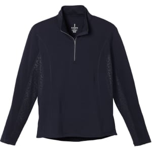 A men's quarter zip jumper in navy blue with textured side panels and a small logo.
