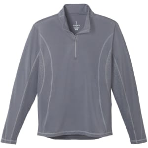 A grey men's quarter-zip jumper with long sleeves and a subtle textured pattern, featuring a logo.