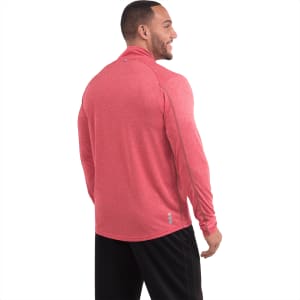 A men's Taza Knit Quarter Zip jumper in a vibrant red colour, featuring a sleek design and a logo.