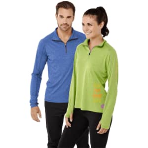 A blue men's quarter zip jumper and a green women's quarter zip jumper, both with long sleeves and branding.