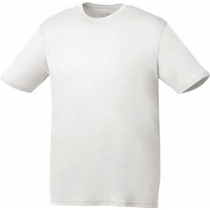 A white short-sleeve tech tee for men, featuring a simple design and a logo on the label.