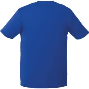 A blue men's short sleeve tech tee with a logo on the back. Suitable for casual wear or outdoor activities.