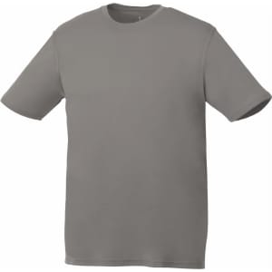 A grey short sleeve tech tee for men, featuring a simple design and a logo.