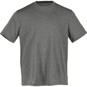 A grey short sleeve tech tee for men, featuring a simple design and a logo on the chest area.