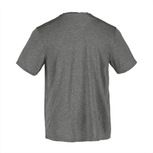 A grey short sleeve tech tee for men, featuring a simple design and a logo on the back.