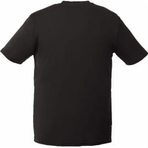 A black short sleeve tech tee for men featuring a simple design and a logo on the back.
