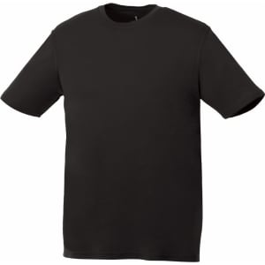 A black short sleeve tech tee for men with a simple design and a small logo on the front.
